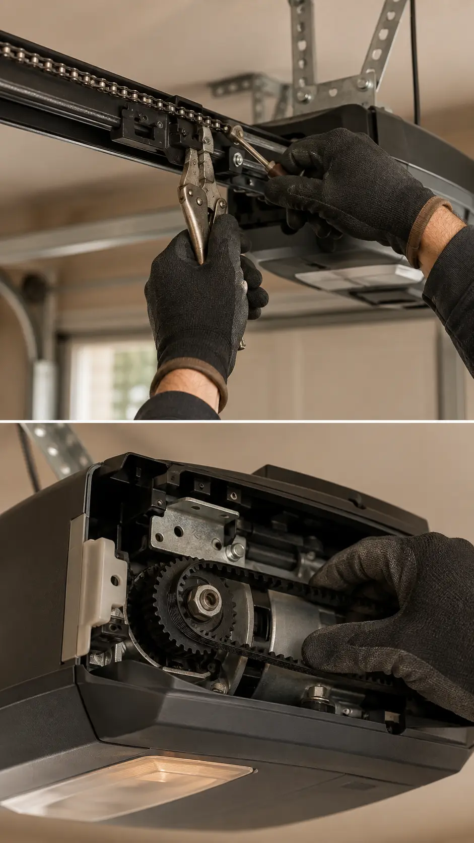 Technician replacing a belt or chain drive garage door opener in Noblesville Indiana
