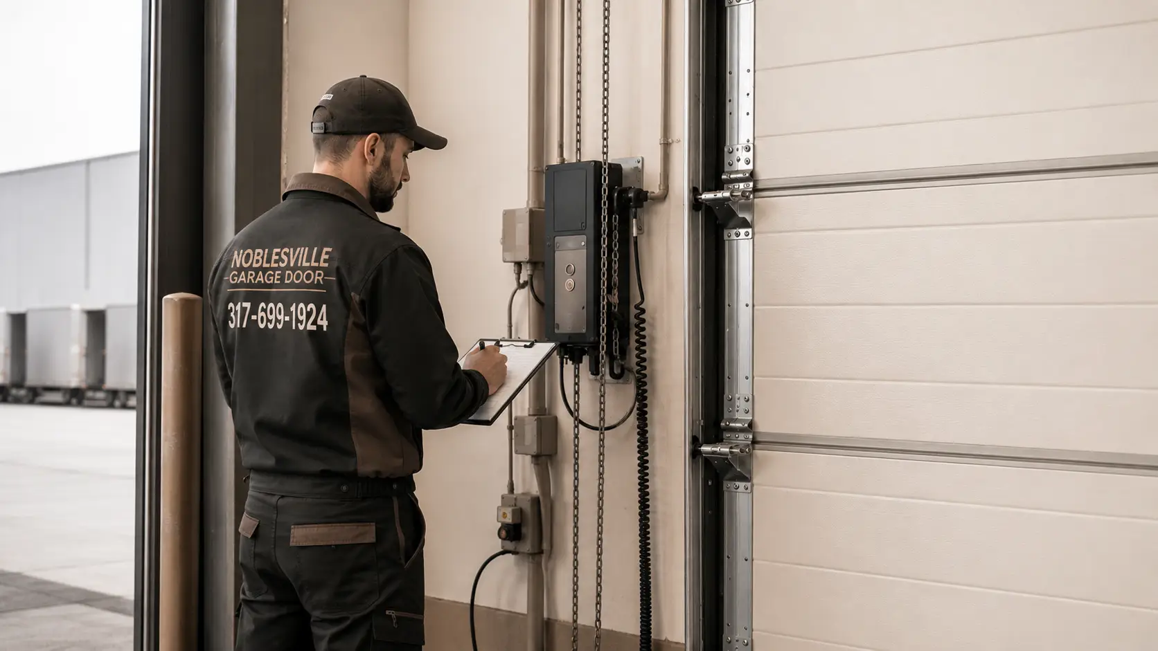 Technician performing preventive maintenance on a commercial garage door in Noblesville Indiana