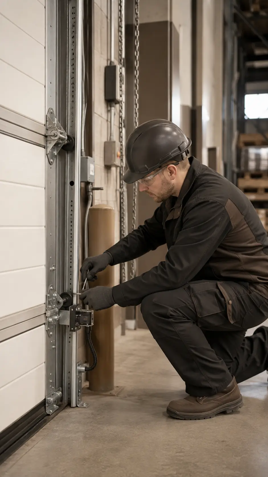 Technician servicing a commercial garage door opener and safety sensors in Noblesville Indiana