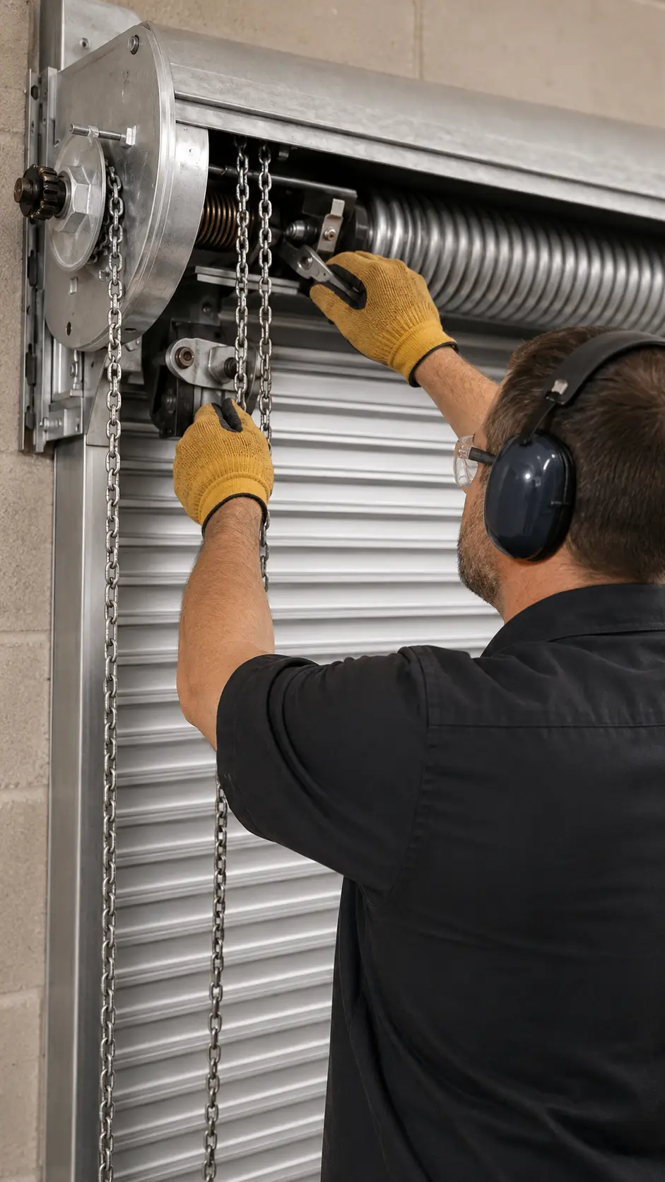 Technician repairing a commercial roll-up garage door track in Noblesville Indiana