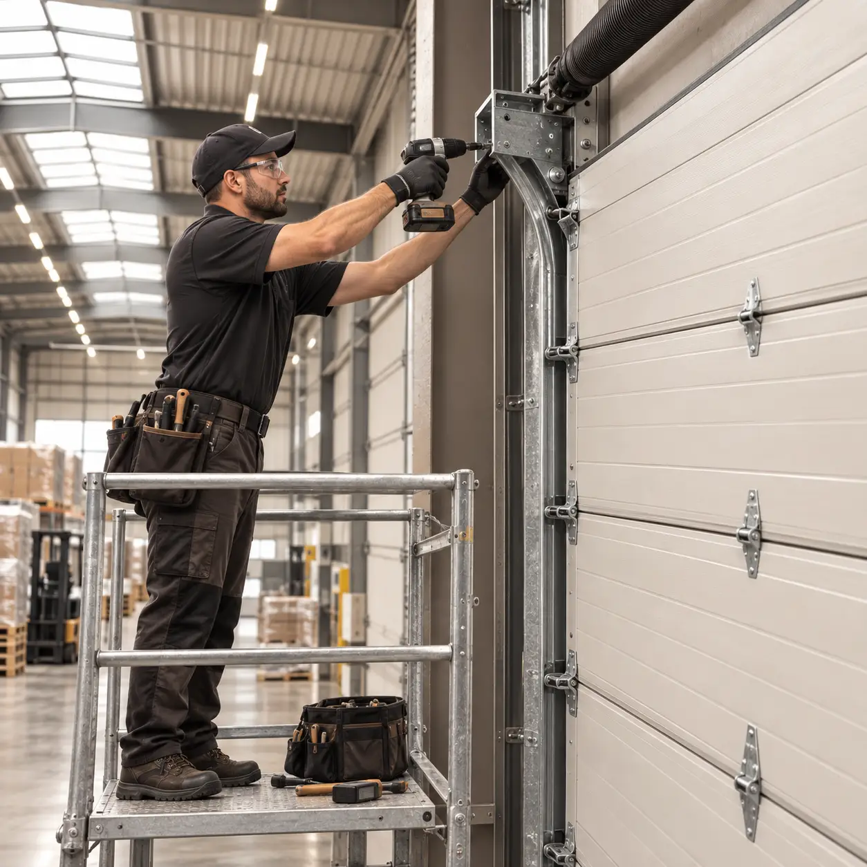 Technician installing a heavy-duty commercial sectional garage door in Noblesville Indiana
