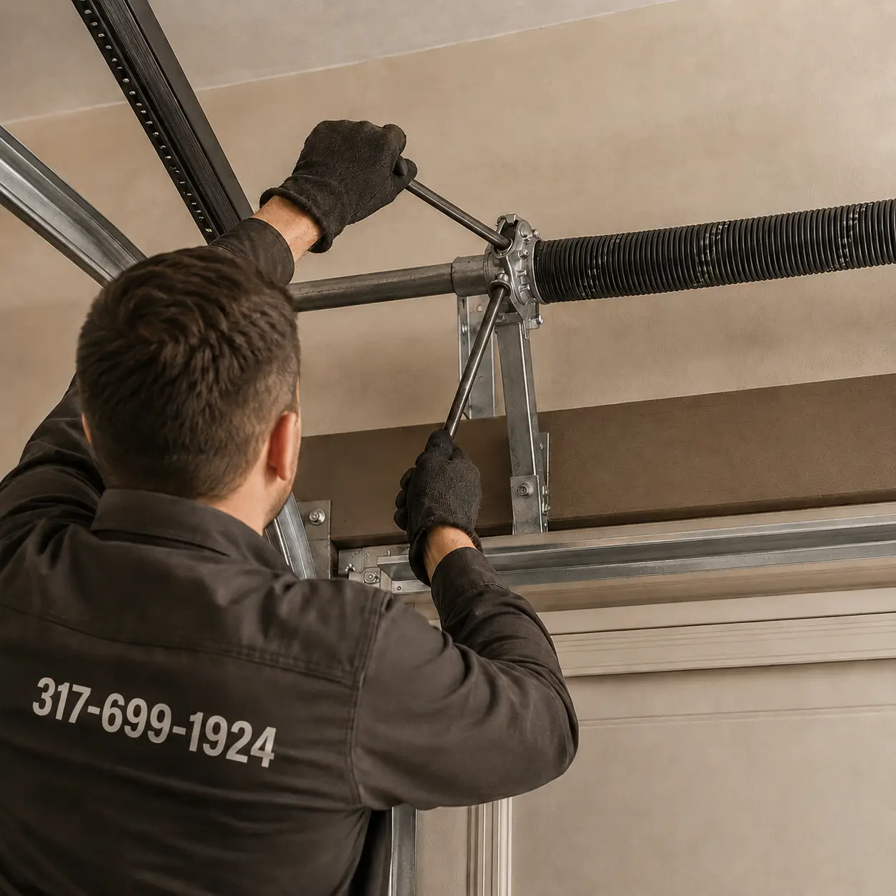 Technician repairing a broken garage door spring and cable in Noblesville Indiana