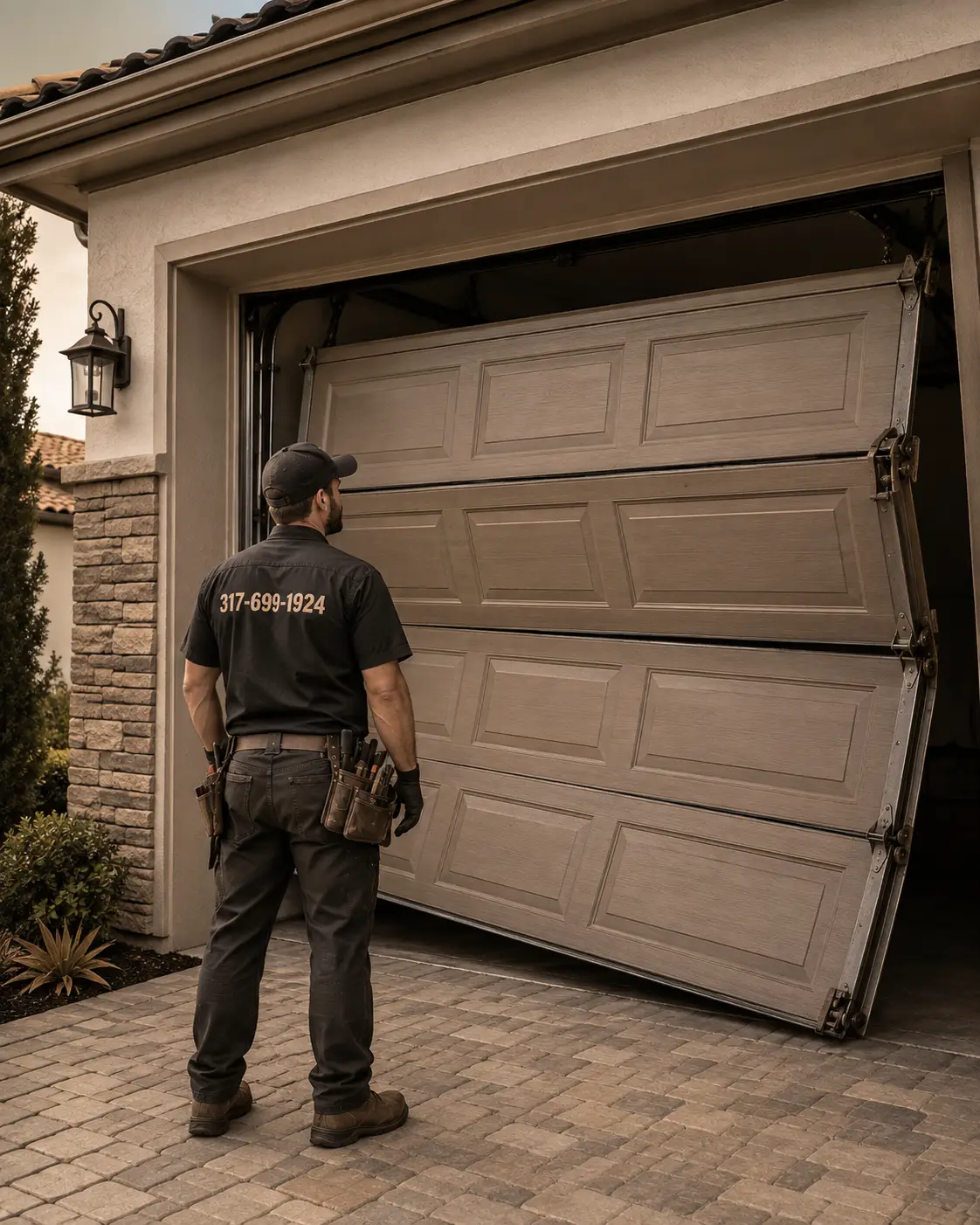 Technician realigning an off-track garage door in Noblesville Indiana