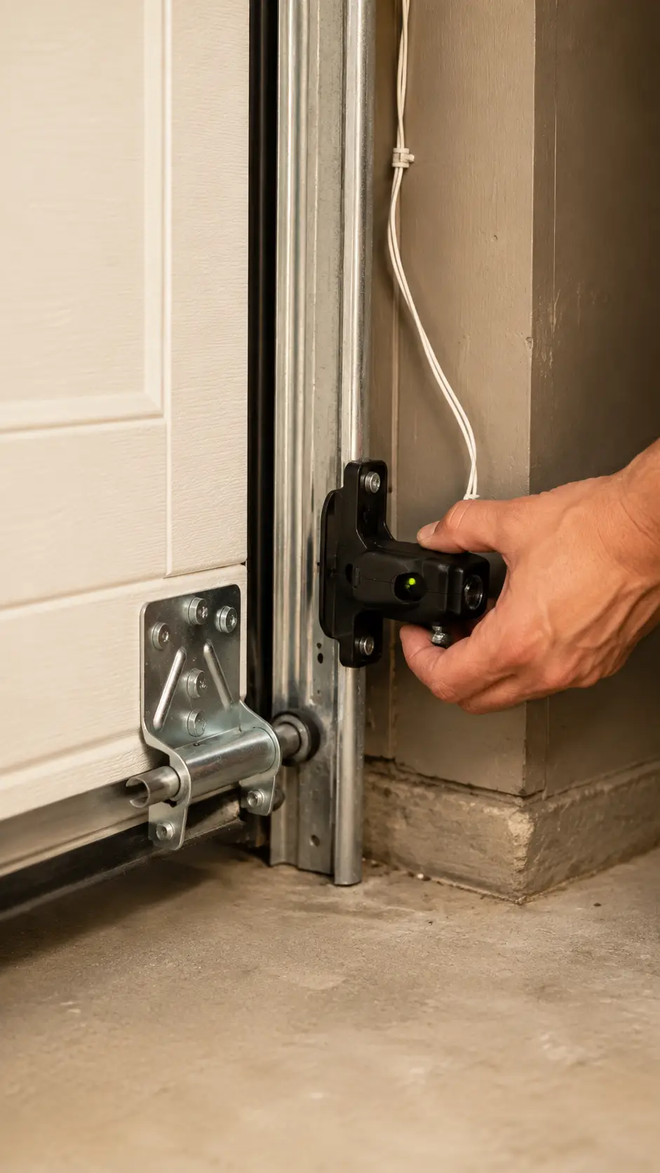 Technician troubleshooting an emergency garage door opener and safety sensors in Noblesville Indiana