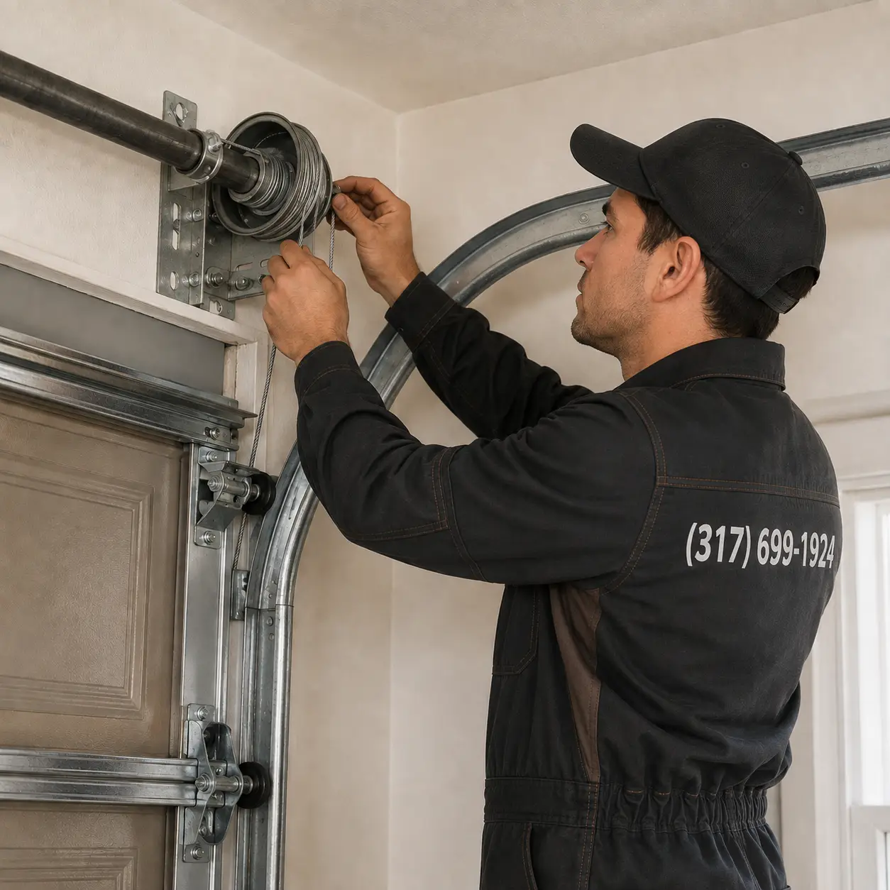Technician repairing a broken garage door spring and cable in Noblesville Indiana