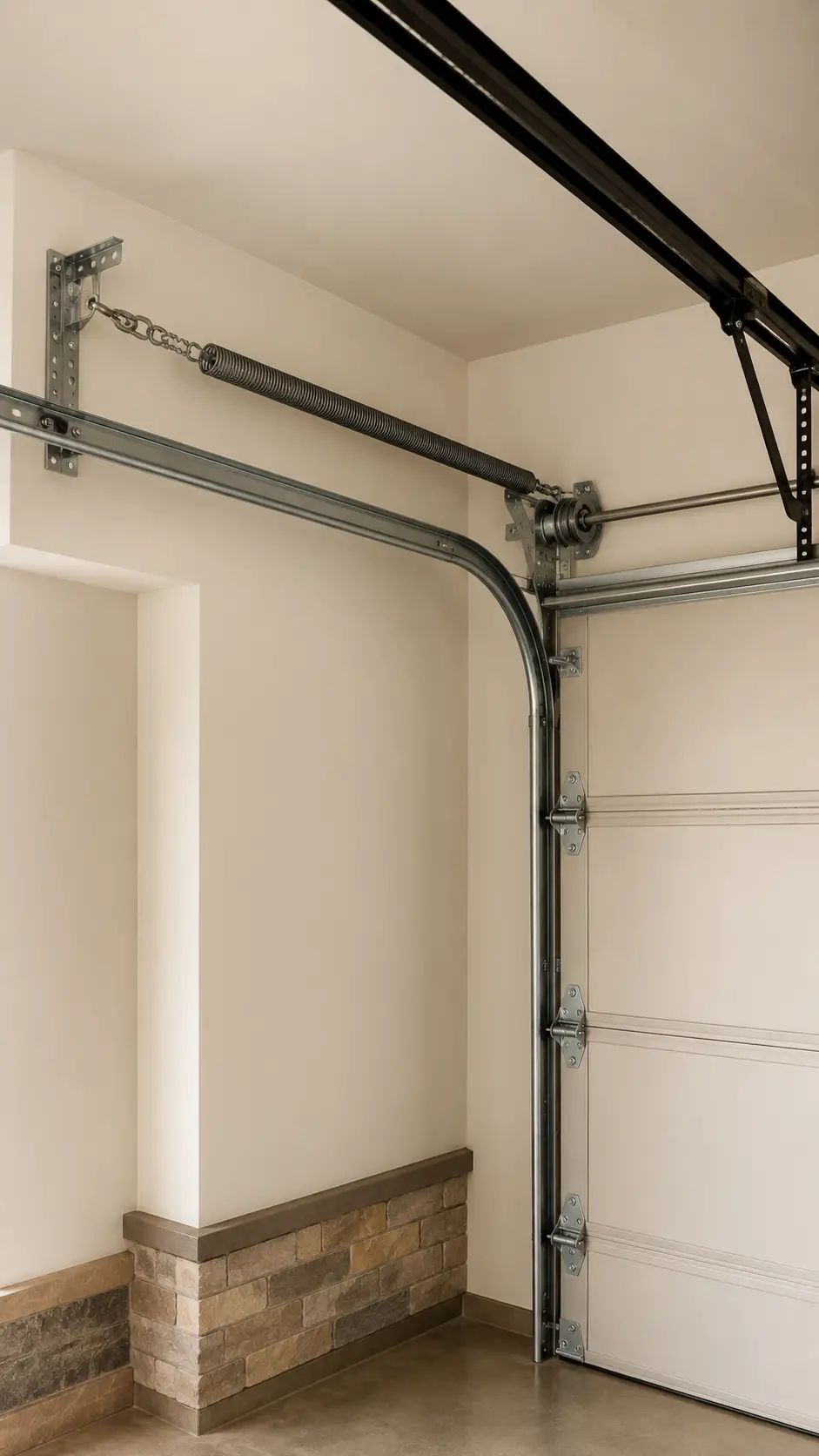 Technician inspecting extension garage door springs and safety cables in Noblesville Indiana
