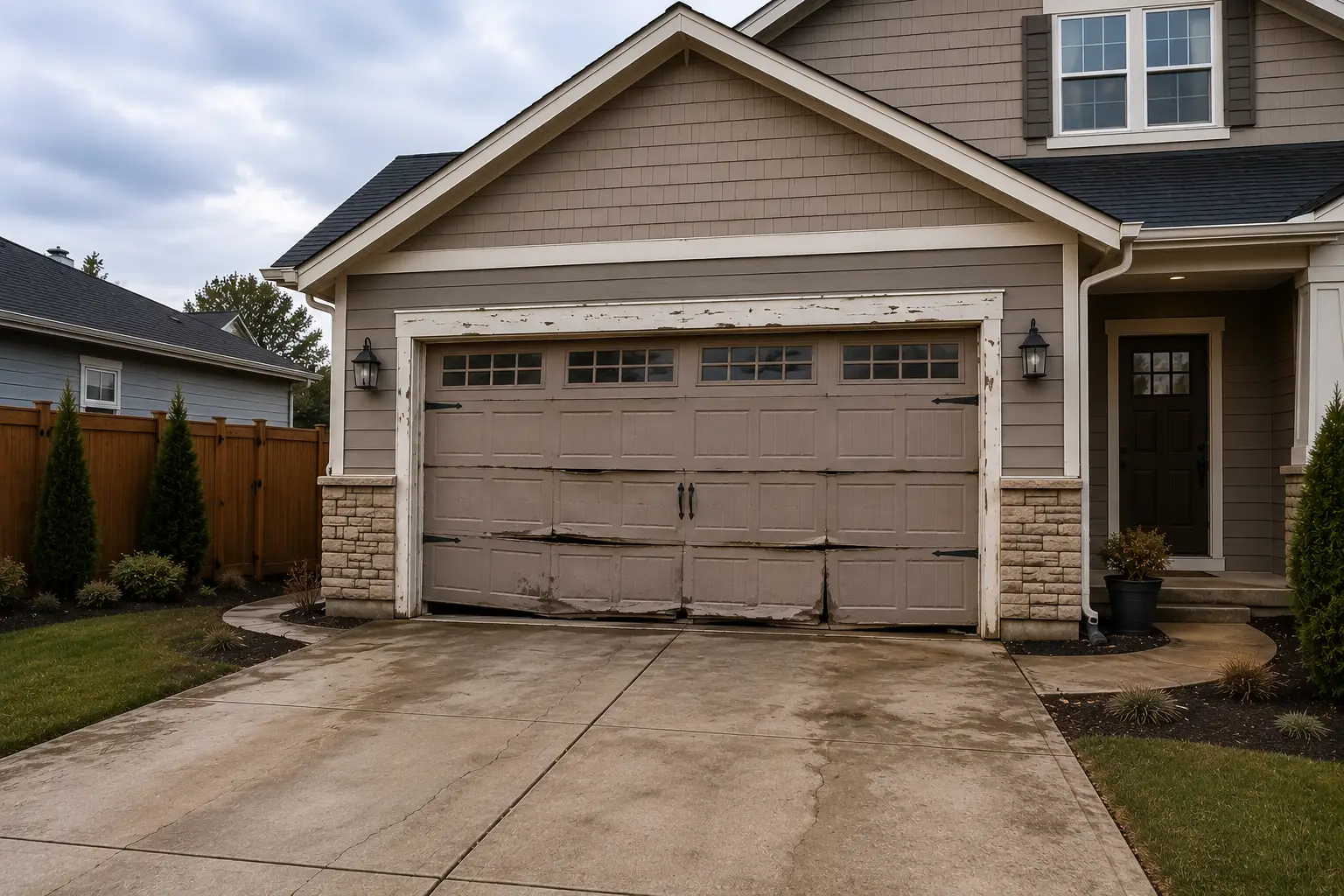 Damaged and misaligned garage door before professional repair in Noblesville Indiana