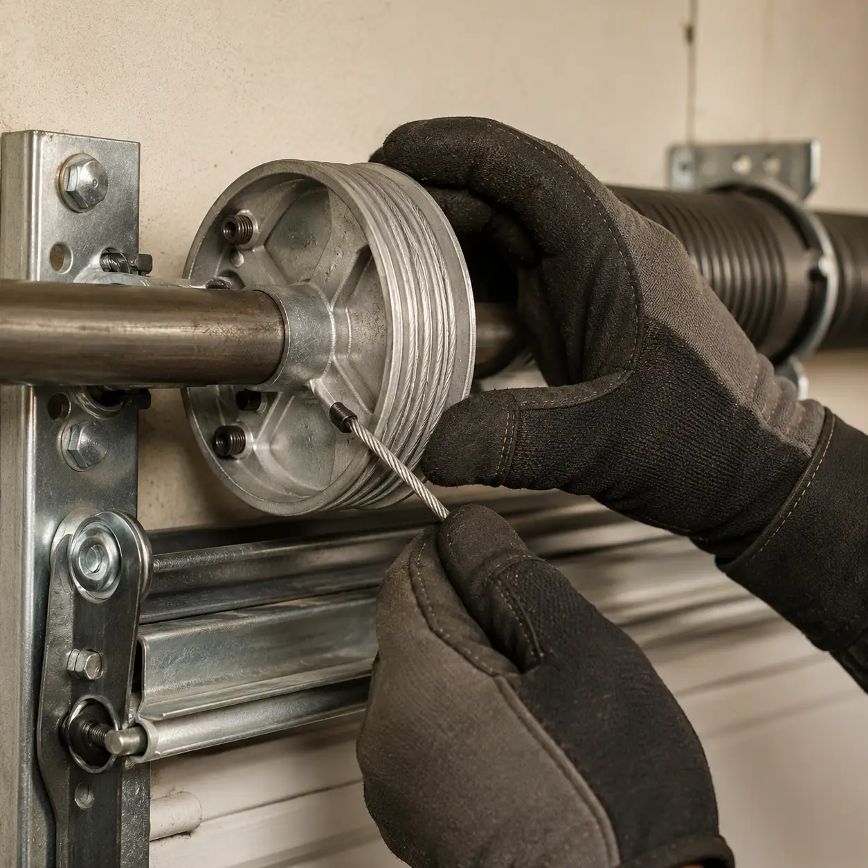 Technician replacing garage door cables and spring components in Noblesville Indiana