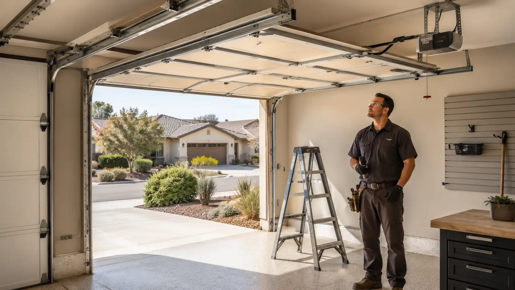Technician performing a full garage door maintenance inspection in Noblesville Indiana