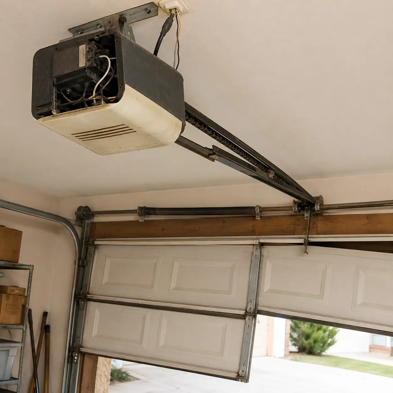 Damaged and misaligned garage door before professional repair in Noblesville Indiana