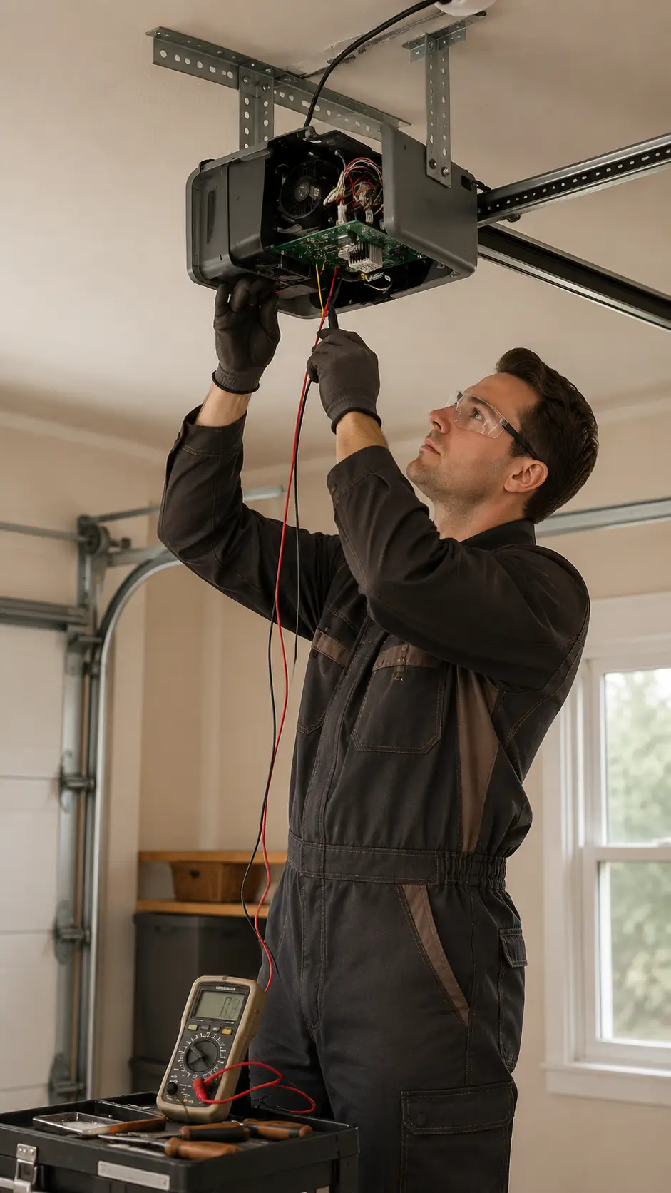 Technician diagnosing a garage door opener motor and safety sensors in Noblesville Indiana