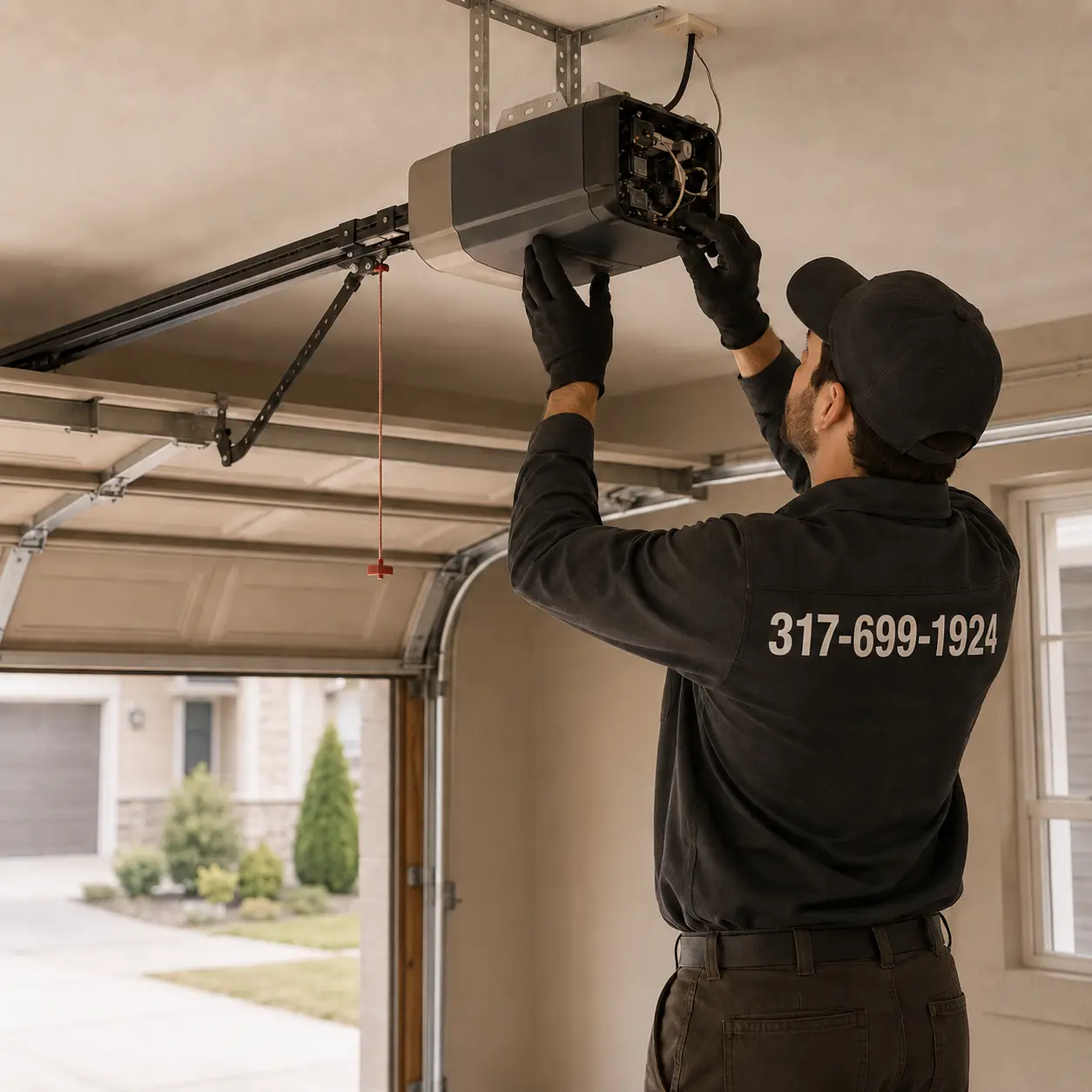 Technician installing a new residential garage door opener in Noblesville Indiana