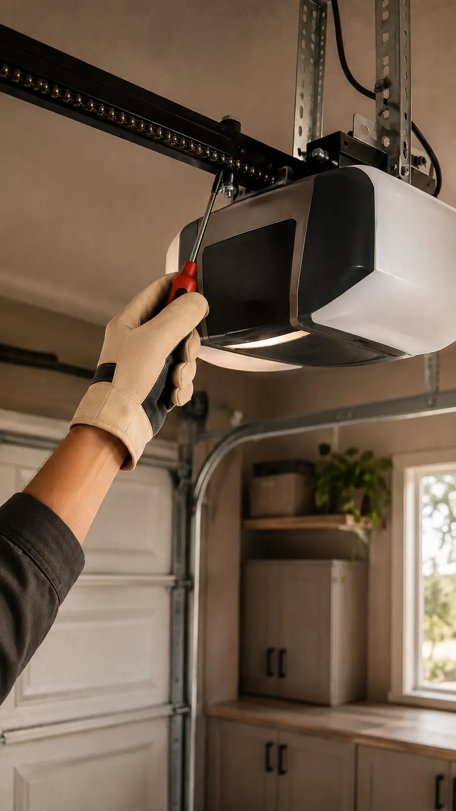 Technician lubricating and calibrating a garage door opener system in Noblesville Indiana