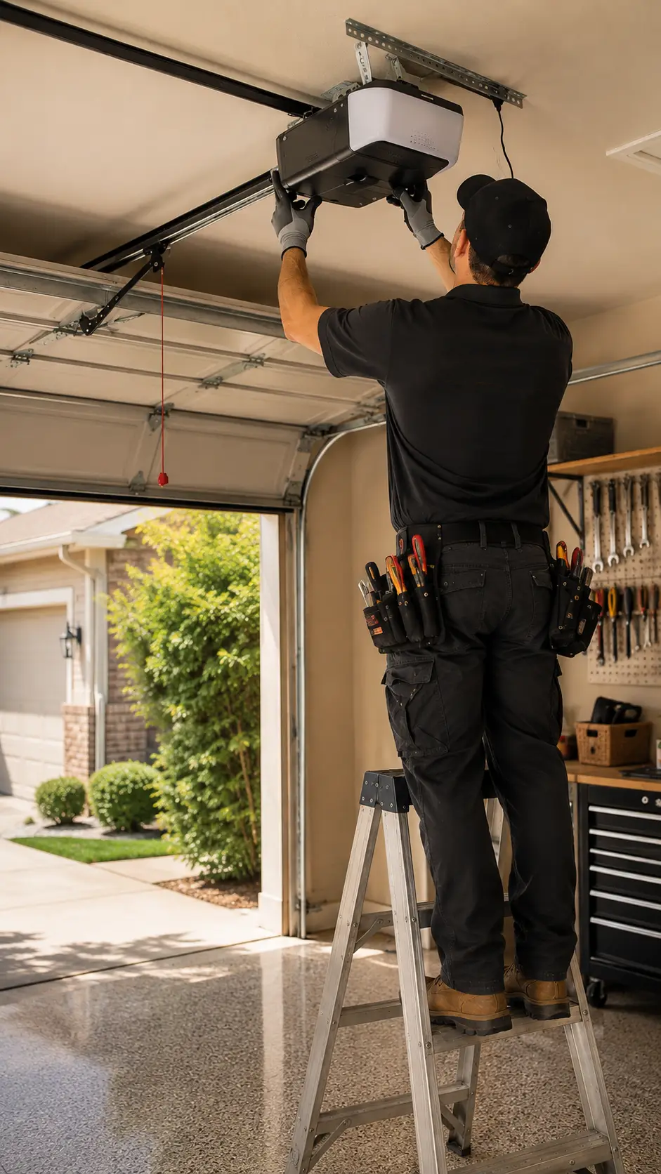 Garage door technician inspecting and calibrating a residential opener system in Noblesville Indiana