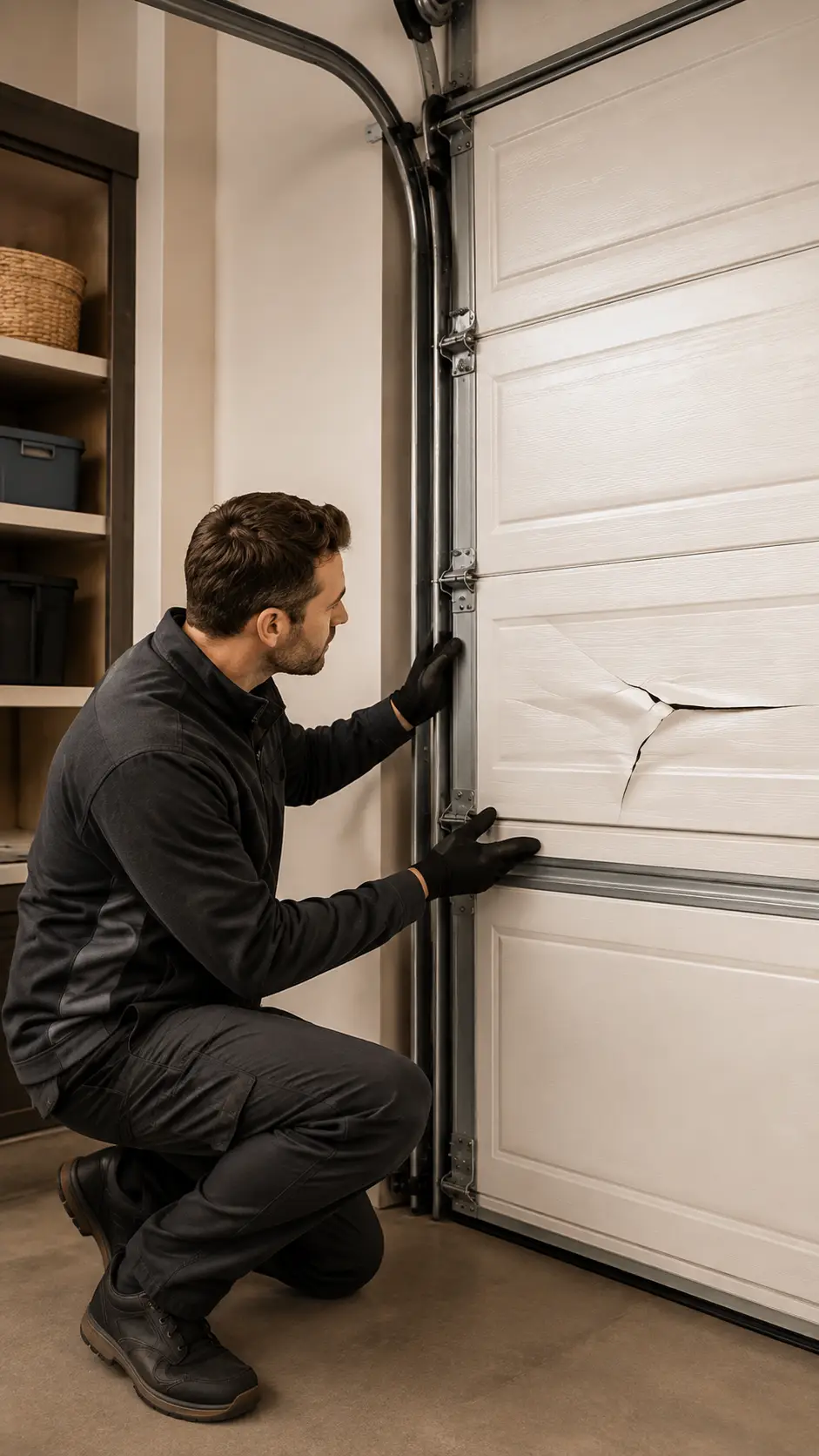Garage door technician repairing damaged residential panels and tracks in Noblesville Indiana
