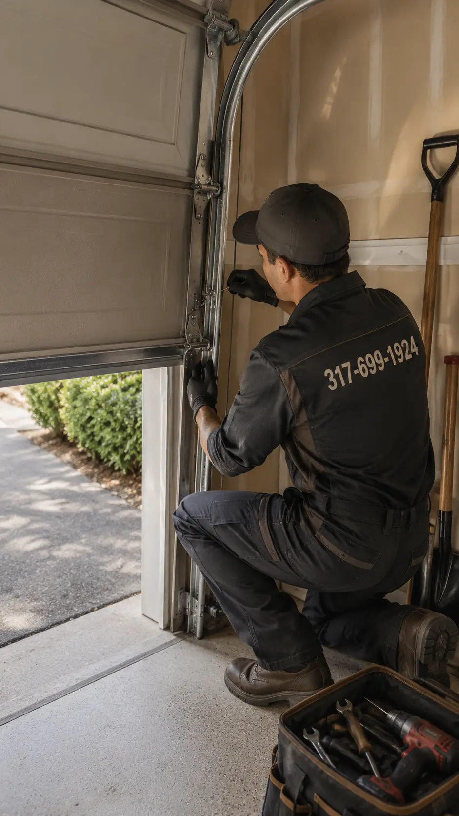 Technician repairing misaligned garage door tracks and damaged panels in Noblesville Indiana
