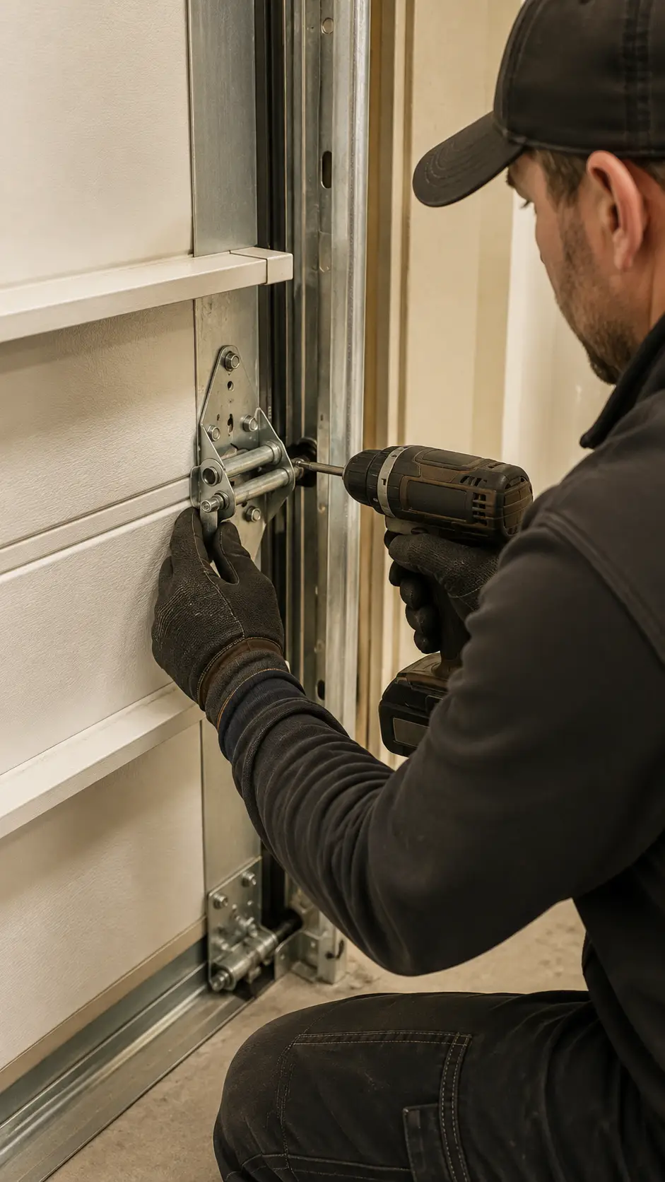 Technician replacing garage door panels hinges and bottom seal in Noblesville Indiana