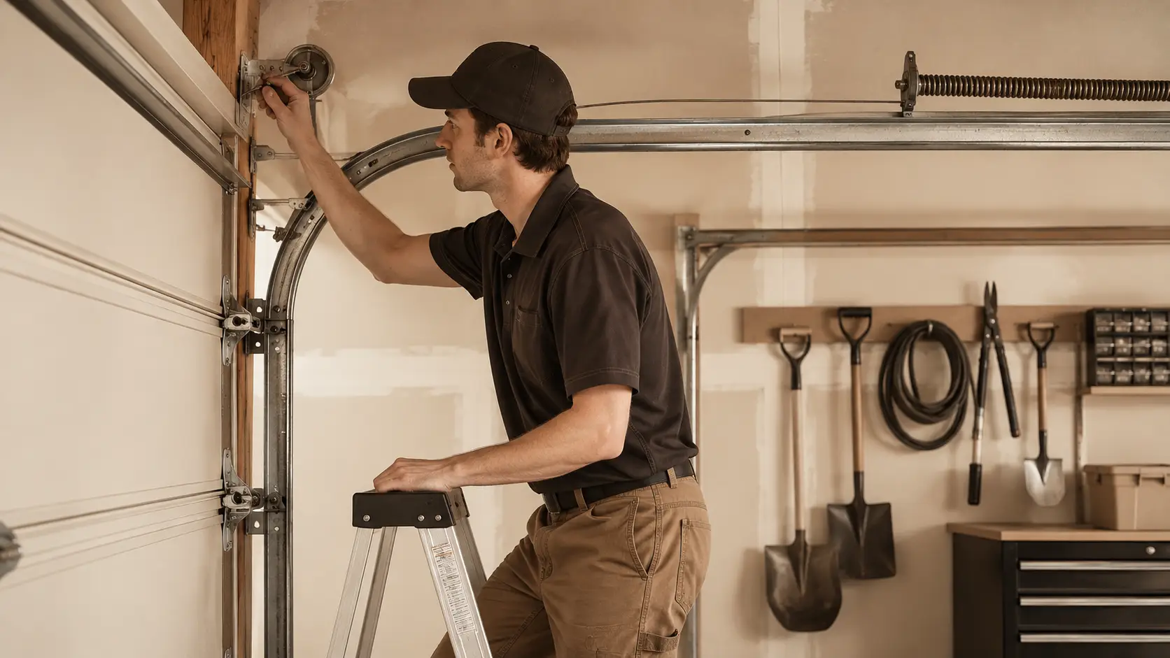 Technician inspecting garage door cables tracks and rollers for smooth operation in Noblesville Indiana