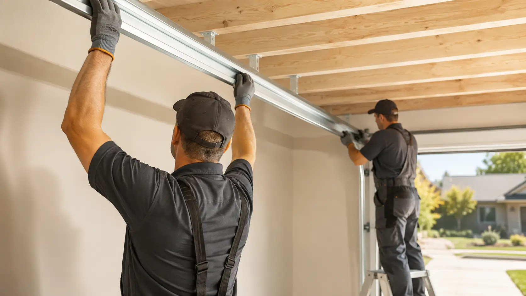 Technician checking garage door safety alignment and weather sealing in Noblesville Indiana
