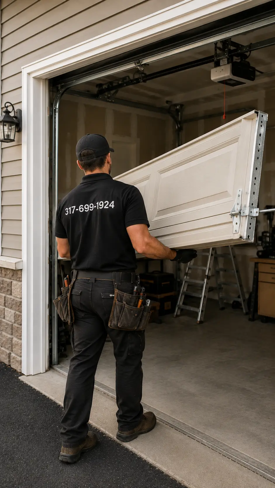 Technician replacing an old residential garage door with a new system in Noblesville Indiana