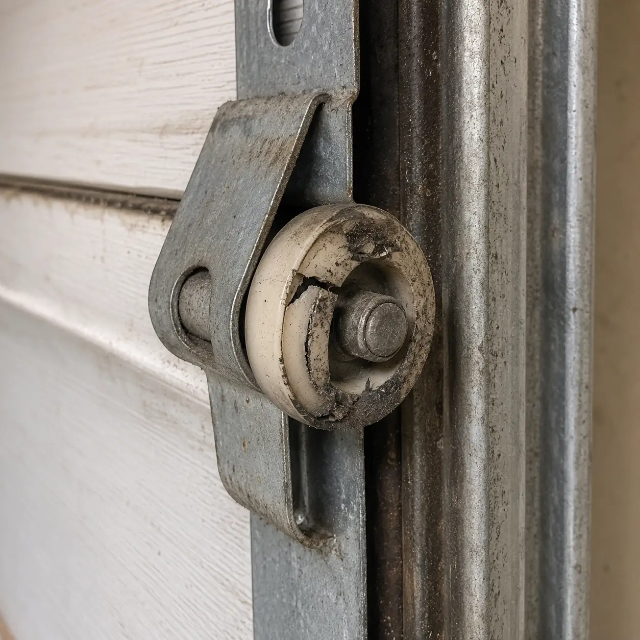Damaged and misaligned garage door before professional repair in Noblesville Indiana