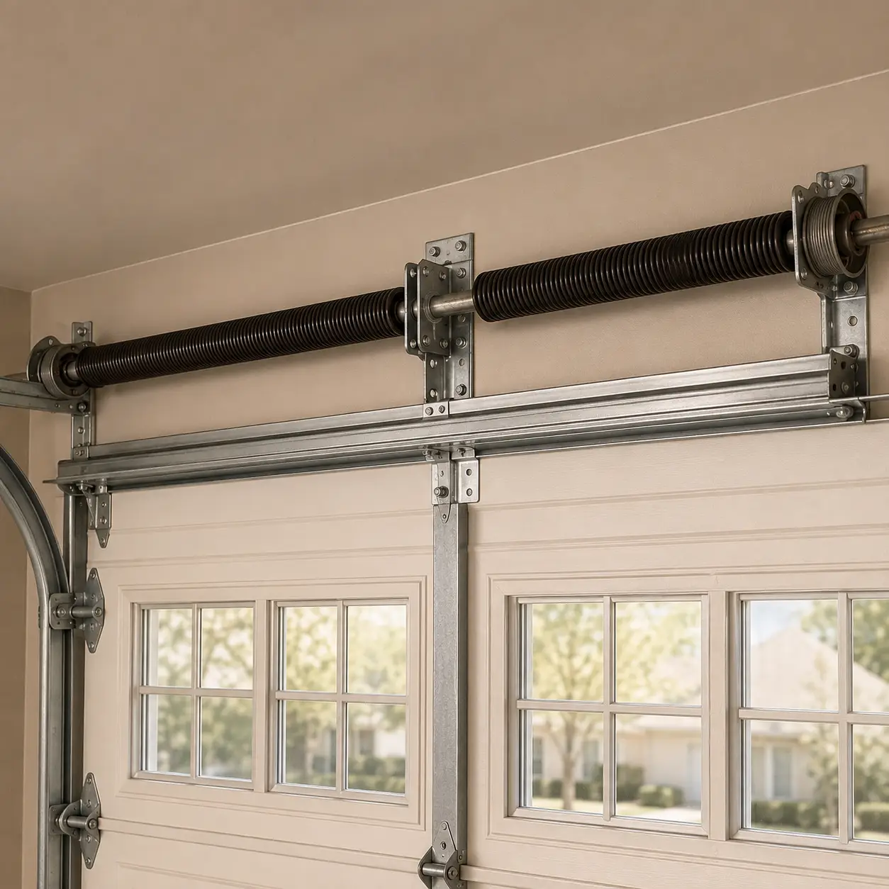 Restored garage door after professional repair and alignment in Noblesville Indiana