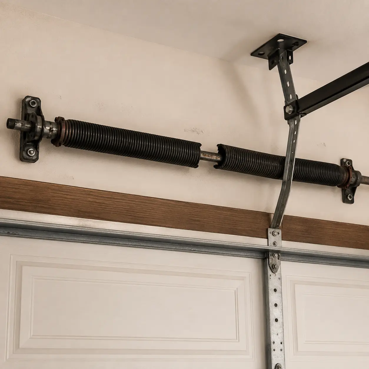 Damaged and misaligned garage door before professional repair in Noblesville Indiana