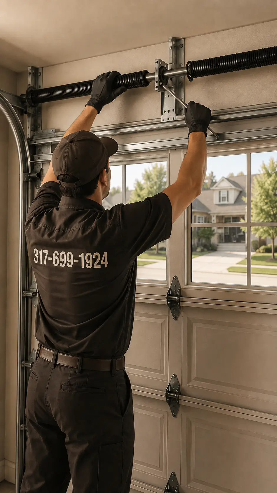 Technician inspecting torsion springs and lift cables during garage door maintenance in Noblesville Indiana