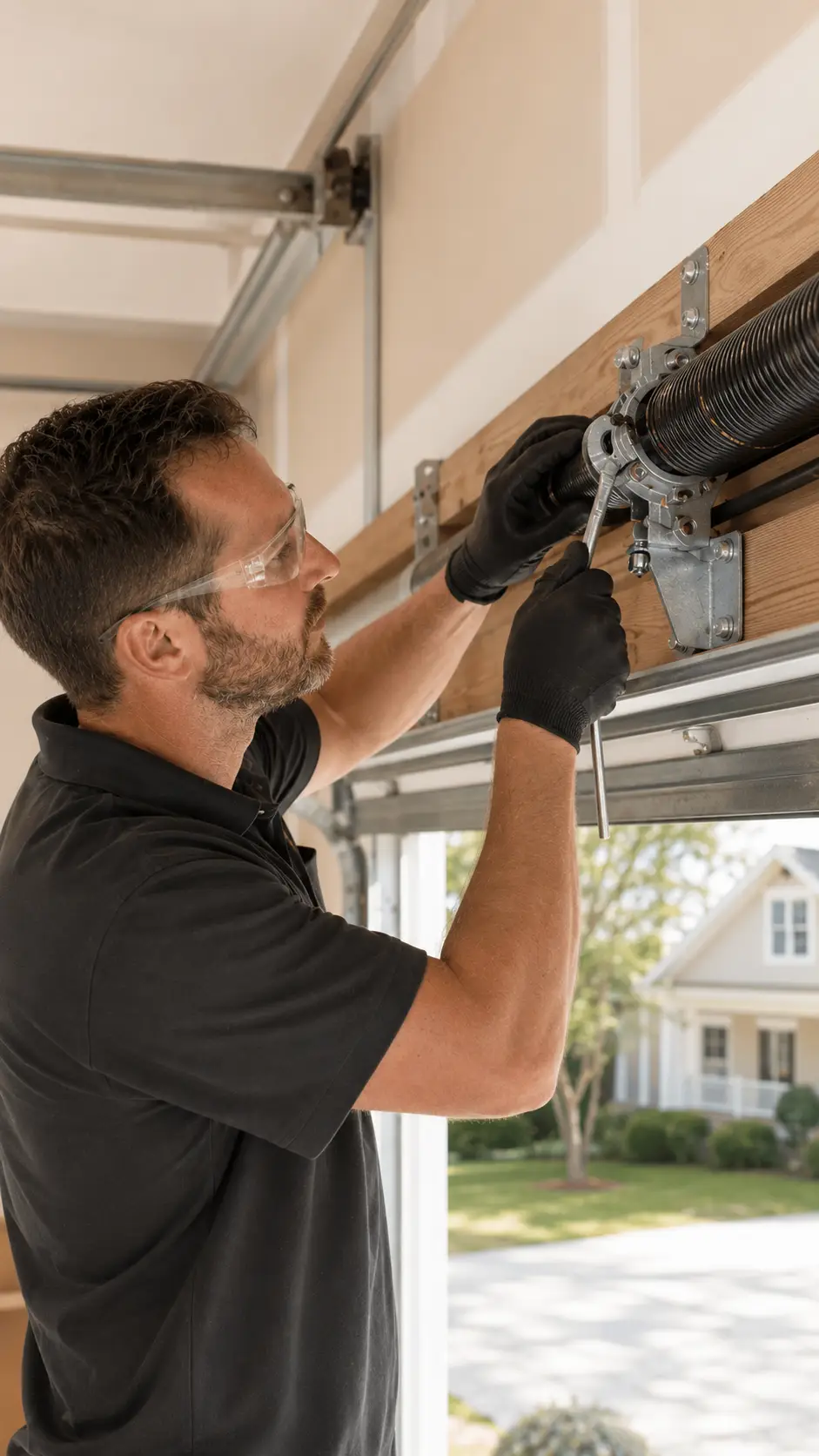 Technician inspecting garage door springs for wear and metal fatigue in Noblesville Indiana