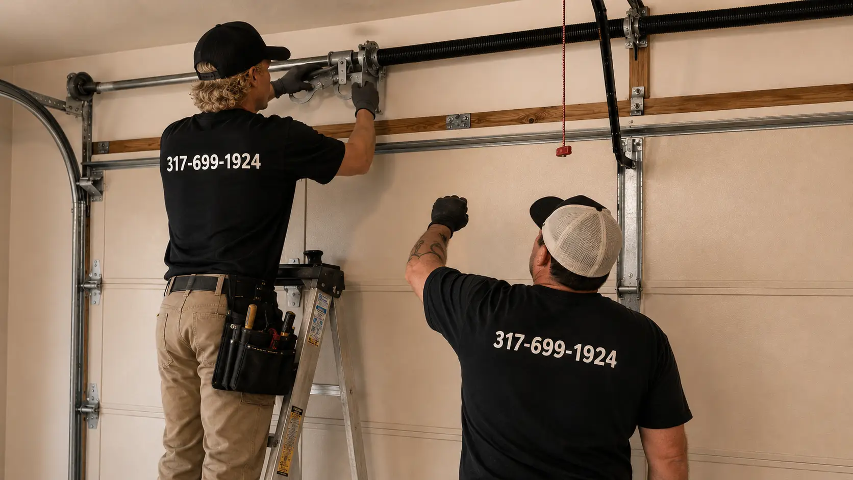 Technician testing garage door spring balance and safety features in Noblesville Indiana