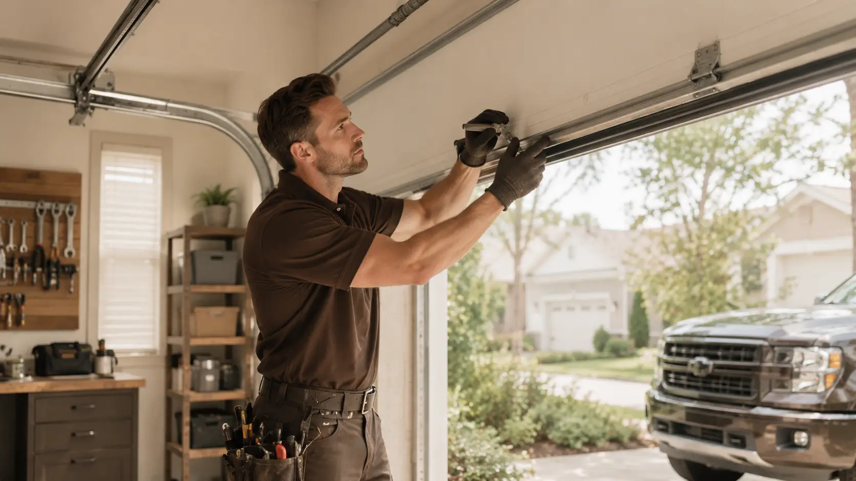 Technician performing preventive garage door maintenance on tracks springs rollers and weather seals