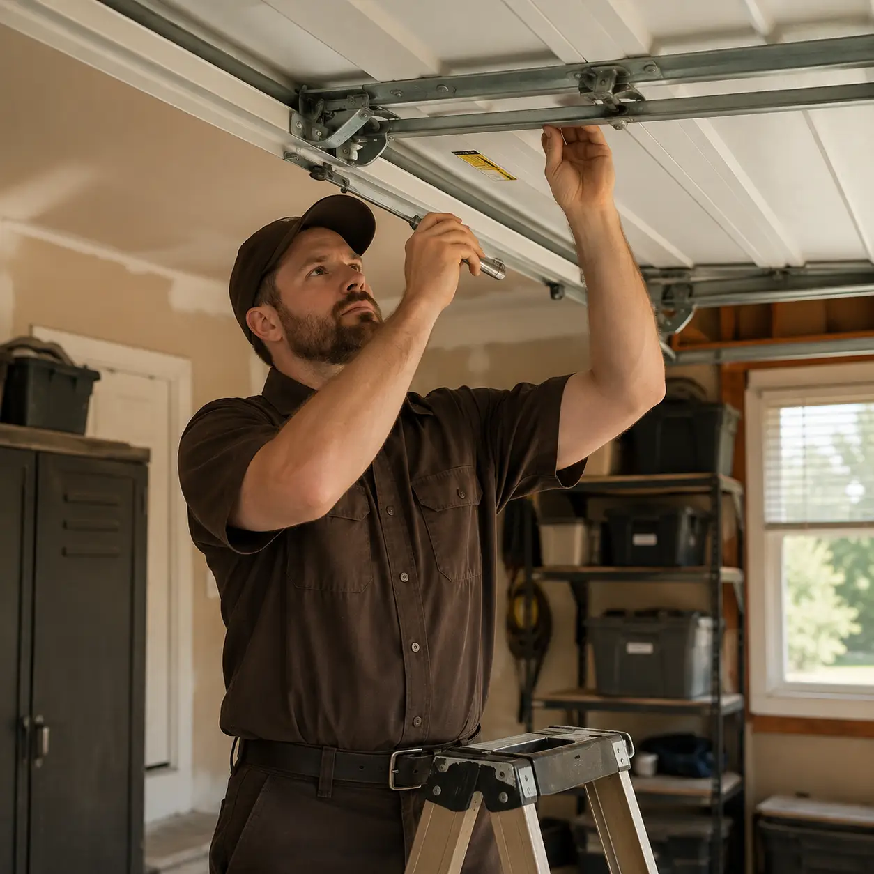 Technician inspecting tracks and hardware during garage door maintenance in Noblesville Indiana