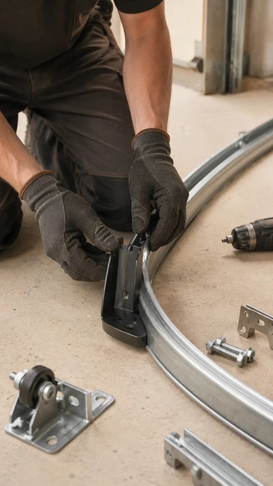 Technician aligning garage door tracks and replacing rollers in Noblesville Indiana