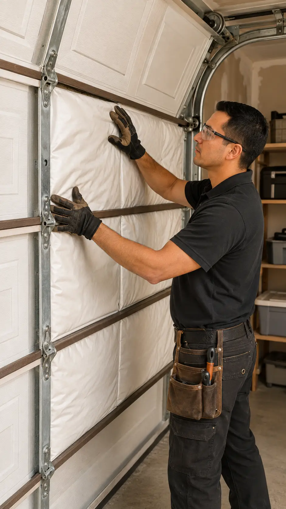 Technician installing an insulated residential garage door for improved comfort in Noblesville Indiana