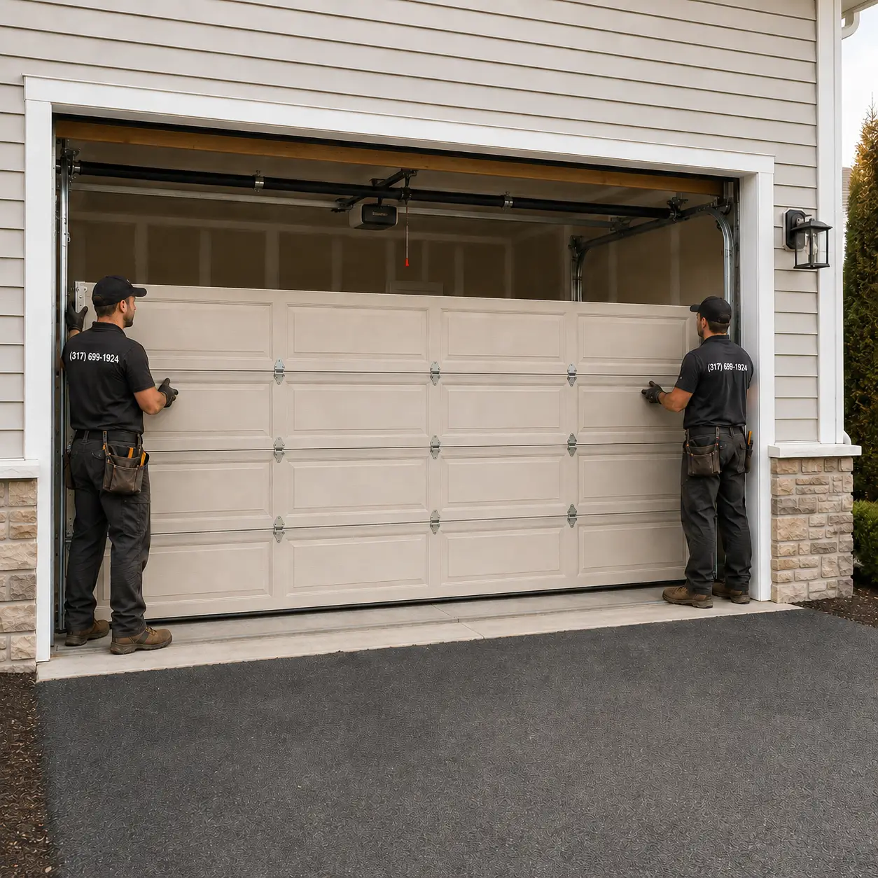 Technician installing and aligning a new residential garage door in Noblesville Indiana