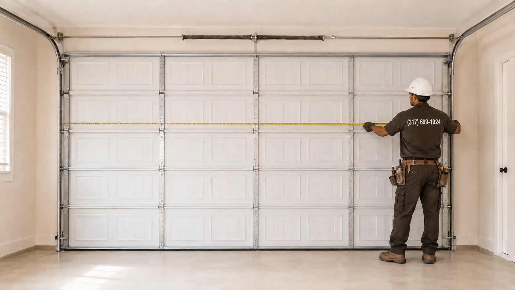 Technician completing a professional garage door installation with safety and alignment checks in Noblesville Indiana