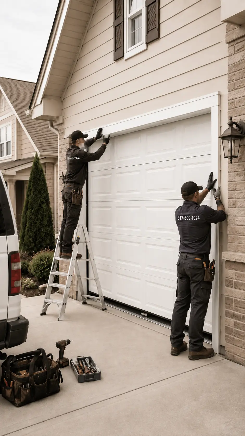 Technician installing a new residential garage door at a Noblesville Indiana home