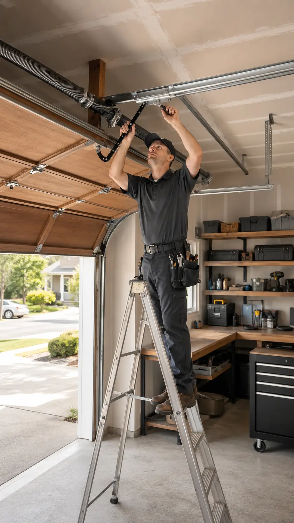 Technician performing preventive maintenance on a residential garage door in Noblesville Indiana