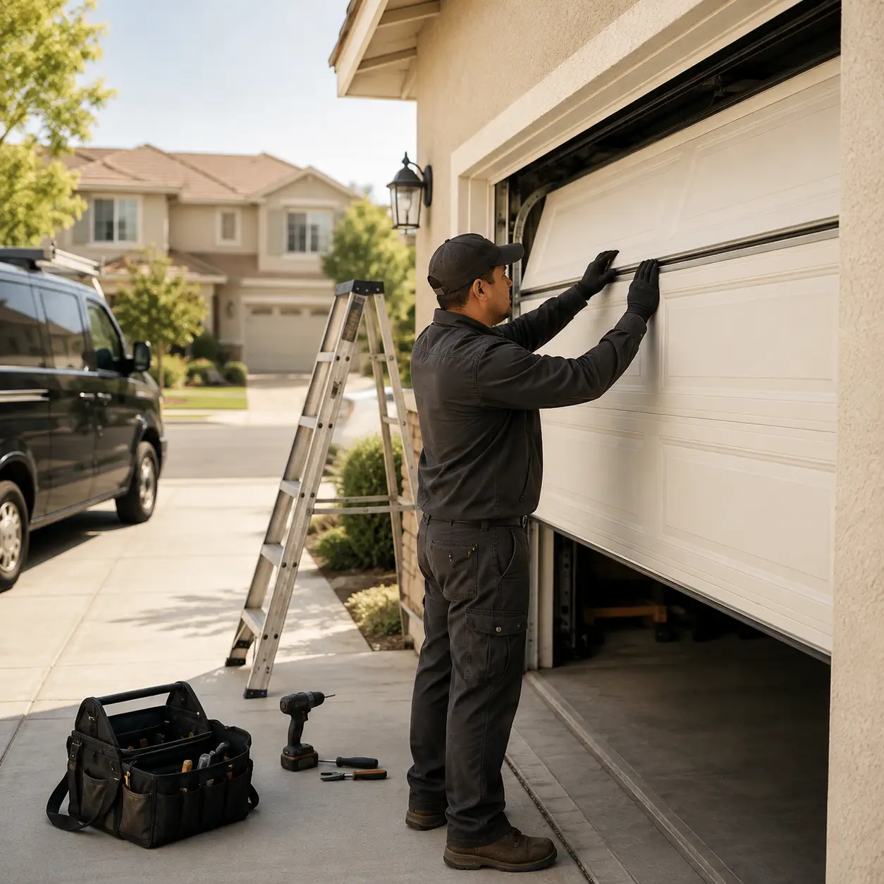 Technician repairing a residential garage door at a home in Noblesville Indiana
