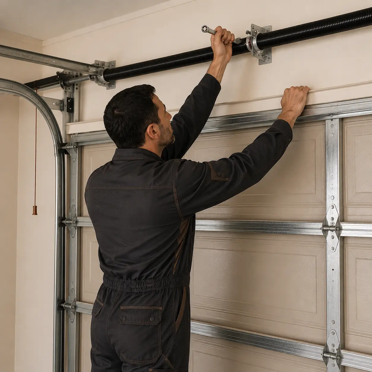 Garage door technician repairing spring and cable components on a residential garage door in Noblesville Indiana