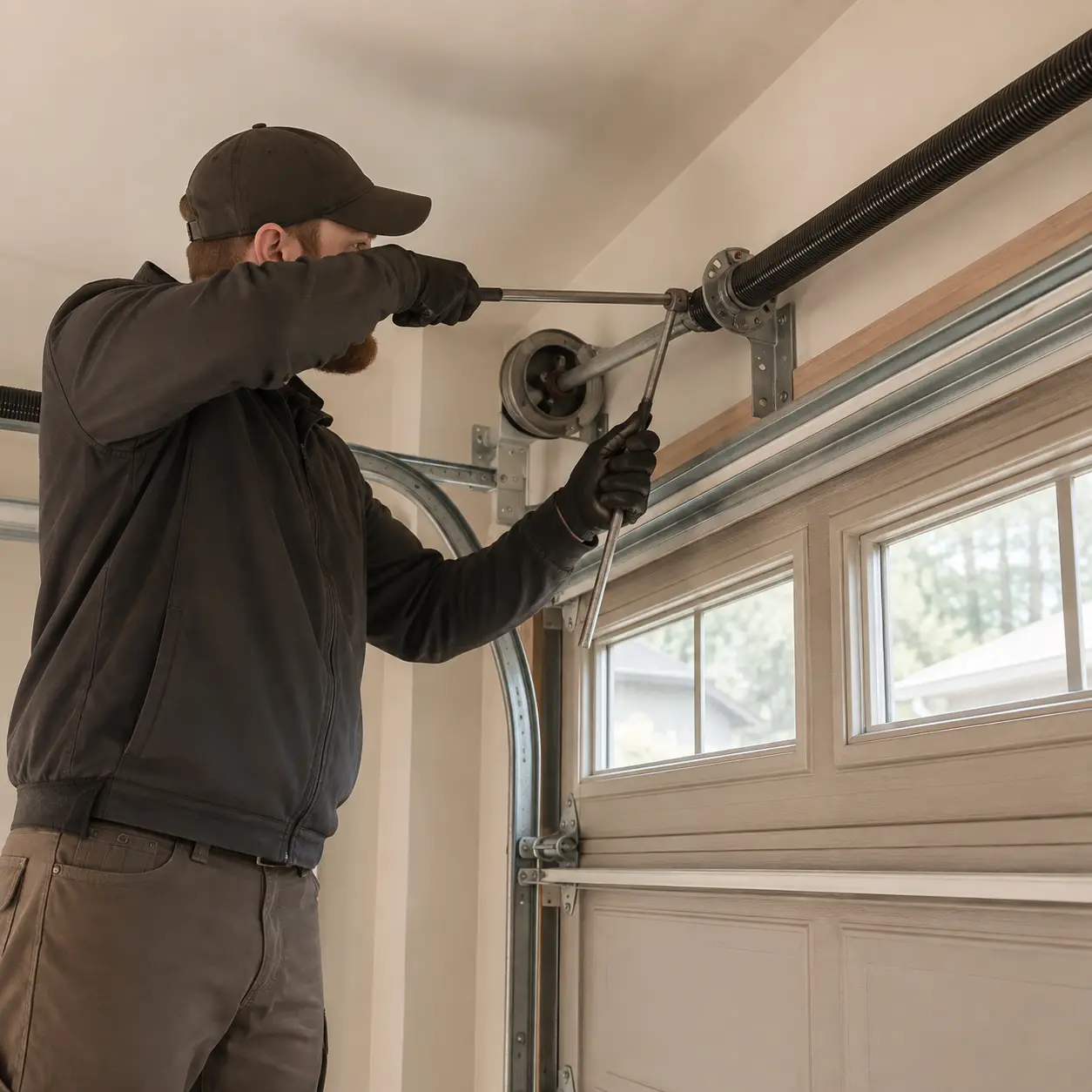 Technician inspecting and repairing a torsion garage door spring in Noblesville Indiana